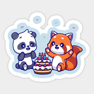 Cute Panda And Red Panda With Birthday Cake Cartoon Sticker